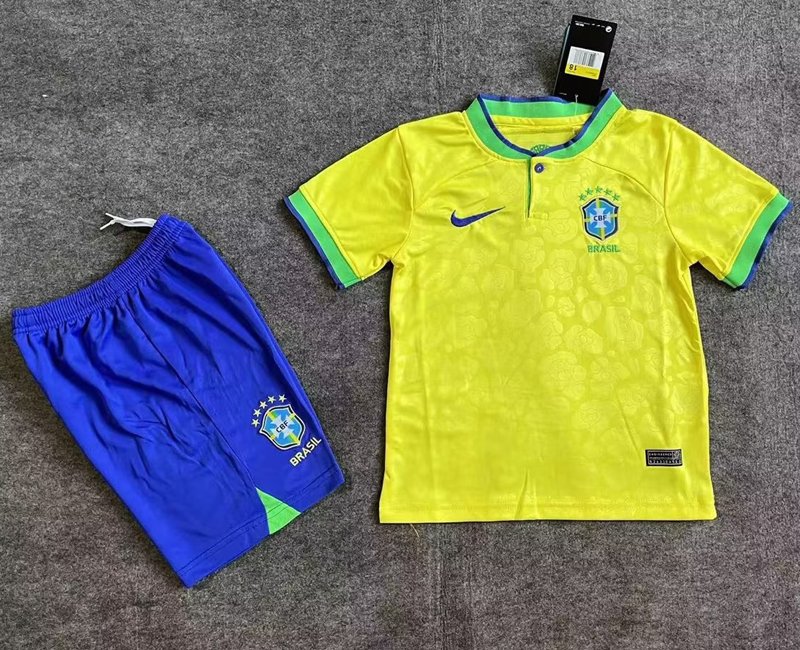 Barn Fotbollströjor Brasilien Hemmatröja VM 2022 Gul Kortärmad + Blå Korta byxor