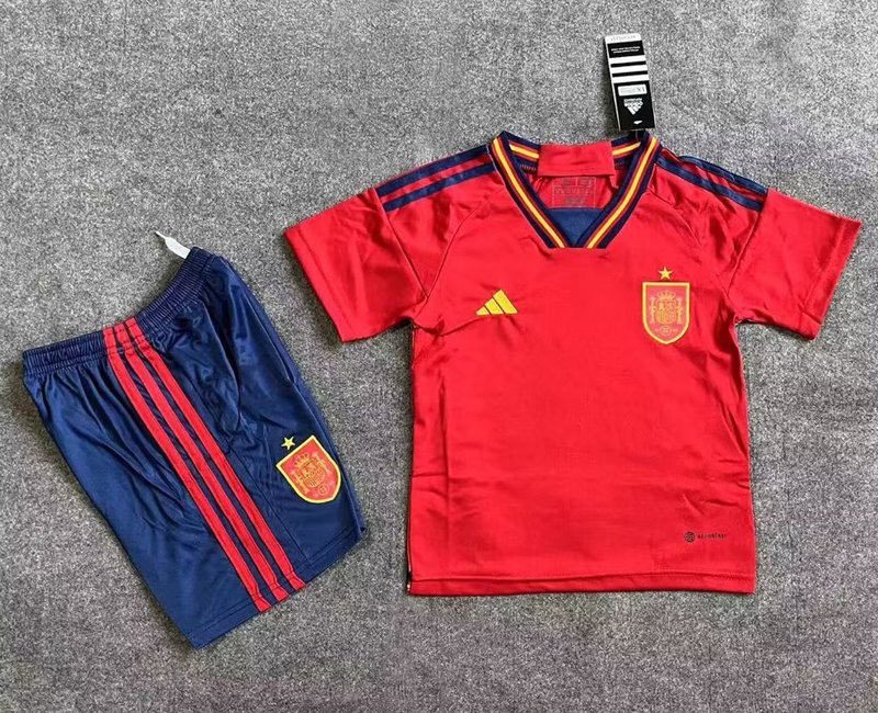 Matchtröjor Fotboll Spanien Barn Hemmatröja 2022/23 Röd Kortärmad + Navy Korta byxor