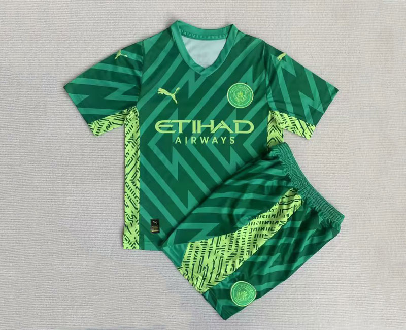 Barn Manchester City Målvaktströja 2023/24 Grön Kortärmad + Korta byxor