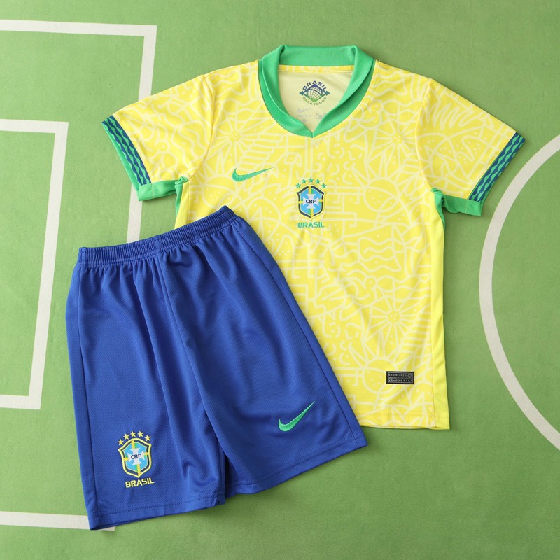 Brasilien kläder Barn VM 2022 Bortatröja Kortärmad (+ korta byxor
