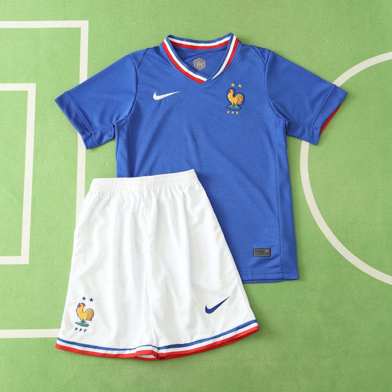 Frankrike Barn Hemmatröja UEFA Euro 2024 Blå Kortärmad + Vit Korta byxor