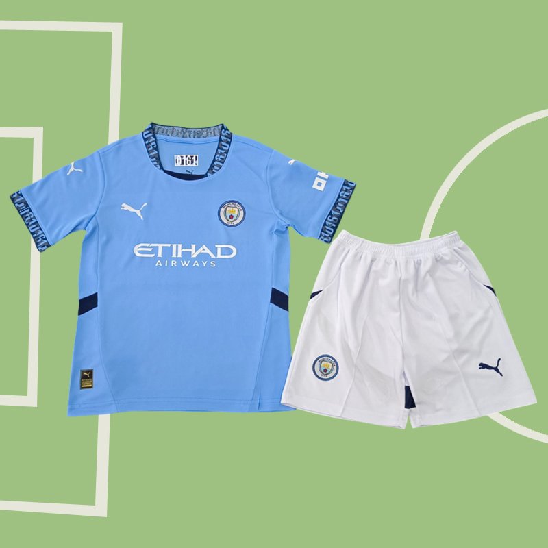 Manchester City barn Hemmatröja 24/25 Blå Kortärmad + Vit Korta byxor
