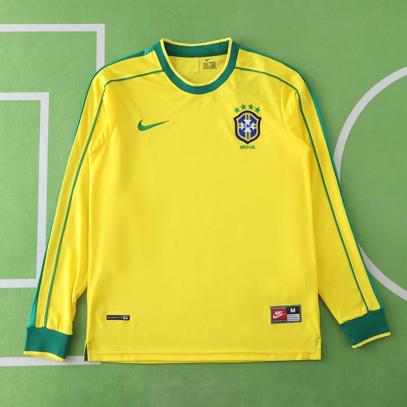 Brasilien Fotbollströjor 1998 Hemma tröja retro långärmad