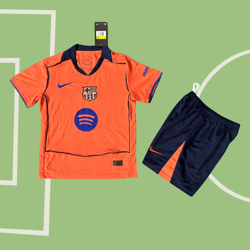 FC Barcelona Tredjetröja Barn 2025/26 Orange Tröja med Svarta Shorts