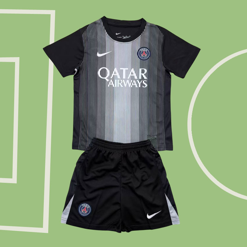 Svart PSG målvaktströja 2025/26 tröja + shorts för barn och vuxna