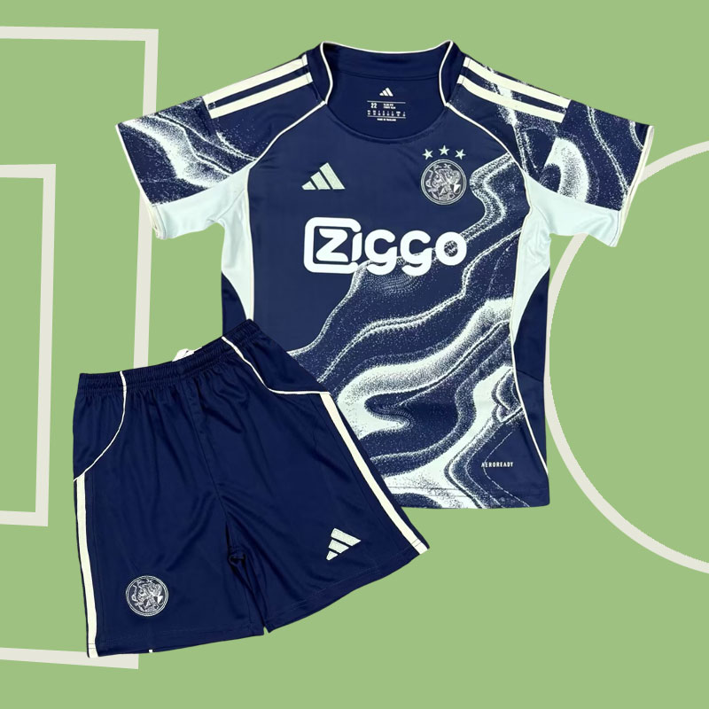 Ajax 2025/26 bortaställ för barn - fotbollströja och shorts i barnstorlek