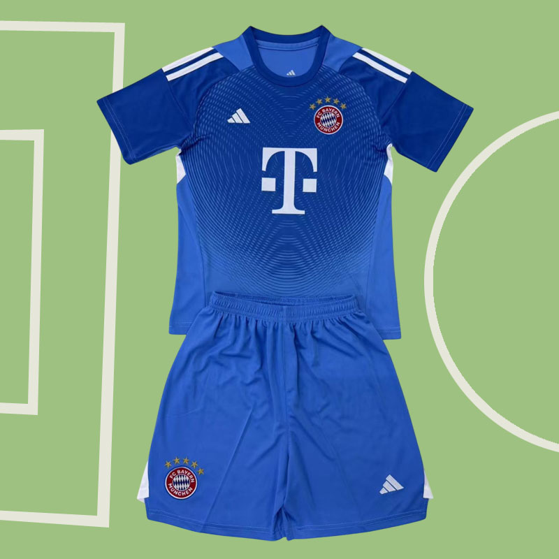 Bayern München målvaktskit 2025/26 blå fotbollströja + shorts för alla åldrar