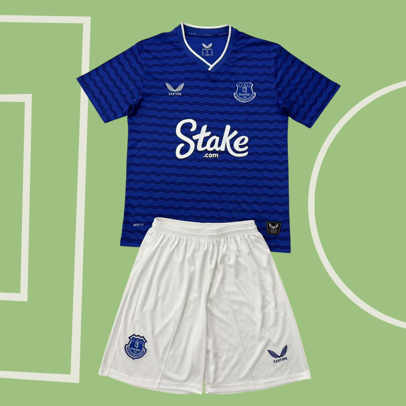 Blå Everton hemmatröja 2025/26 med shorts för barn och vuxna