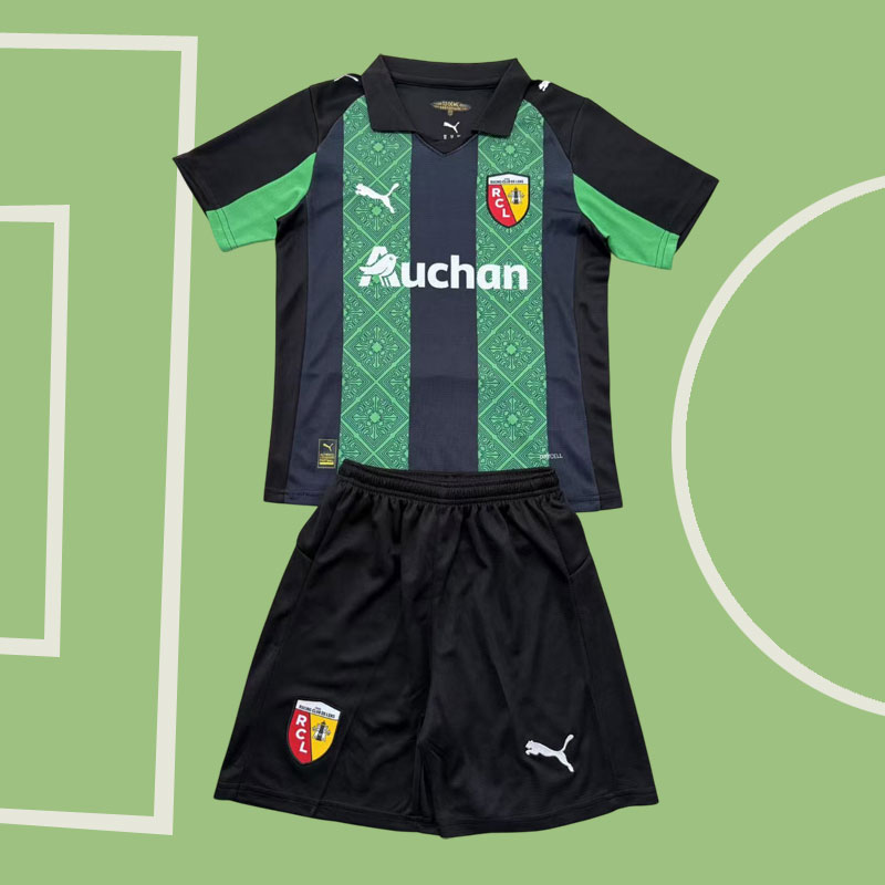 RC Lens 2025-26 bortatröja – svartgrön fotbollströja för barn och vuxna