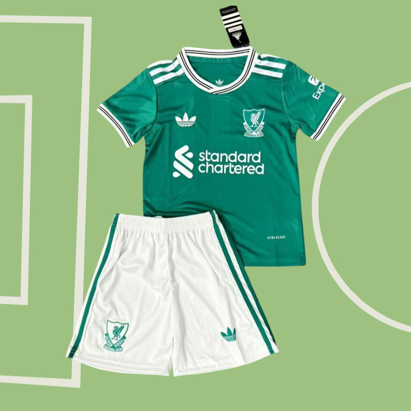 Liverpool tredje tröja 2025/26 barn - grön fotbollströja + shorts