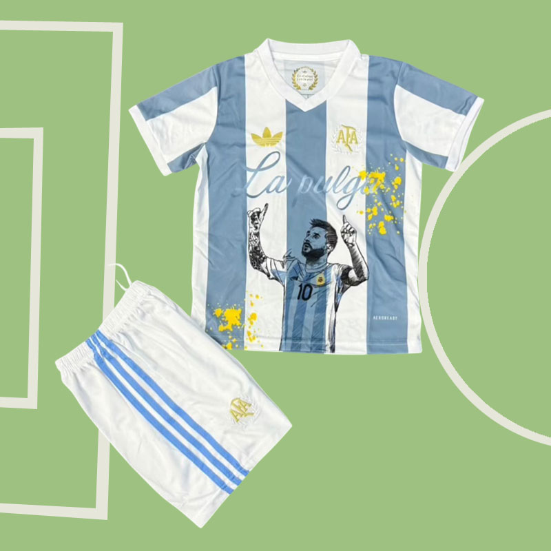 Argentina 2025/26 barn fotbollströja set - tröja med Messi-grafik och shorts
