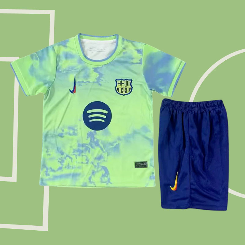 Barcelona barn fotbollströja 2025/26 i grönt och blått - med shorts