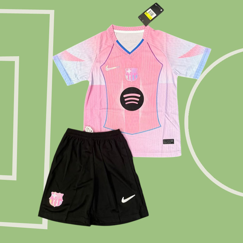 Barn fotbollskläder FC Barcelona 2025/26 - rosa specialtröja med svarta shorts