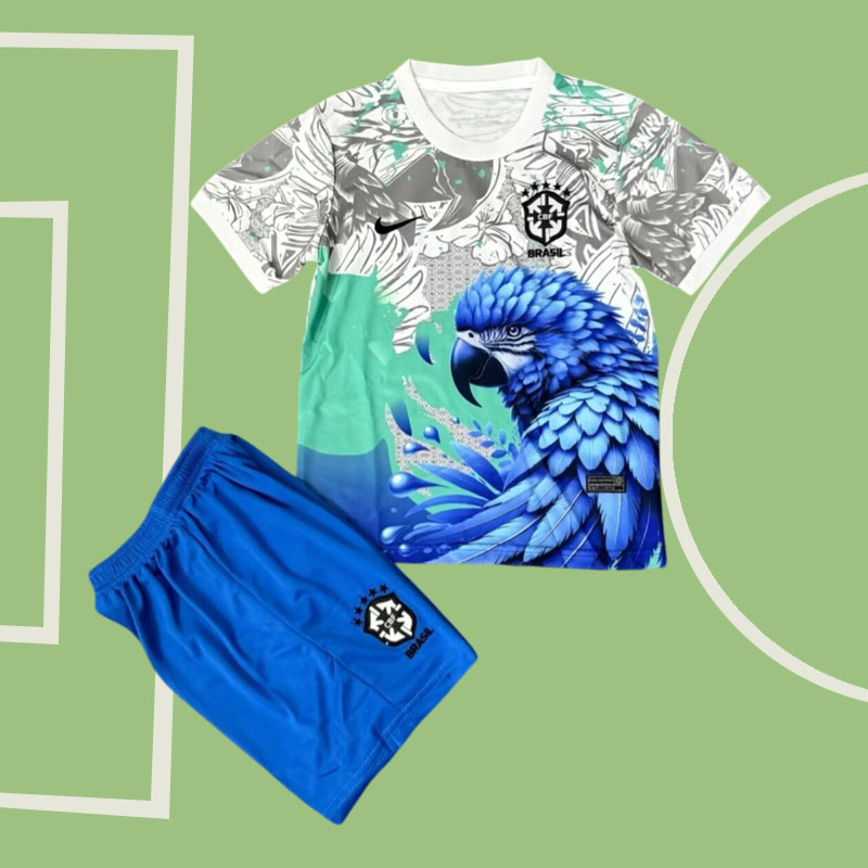 Brasilien 2025/26 barn fotbollströja med färgstarkt motiv av papegoja