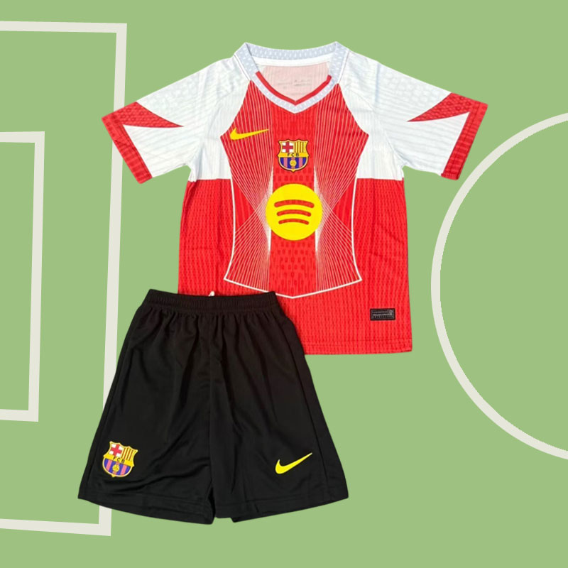 FC Barcelona barn specialtröja 2025/26 - röd och vit tröja + svarta shorts