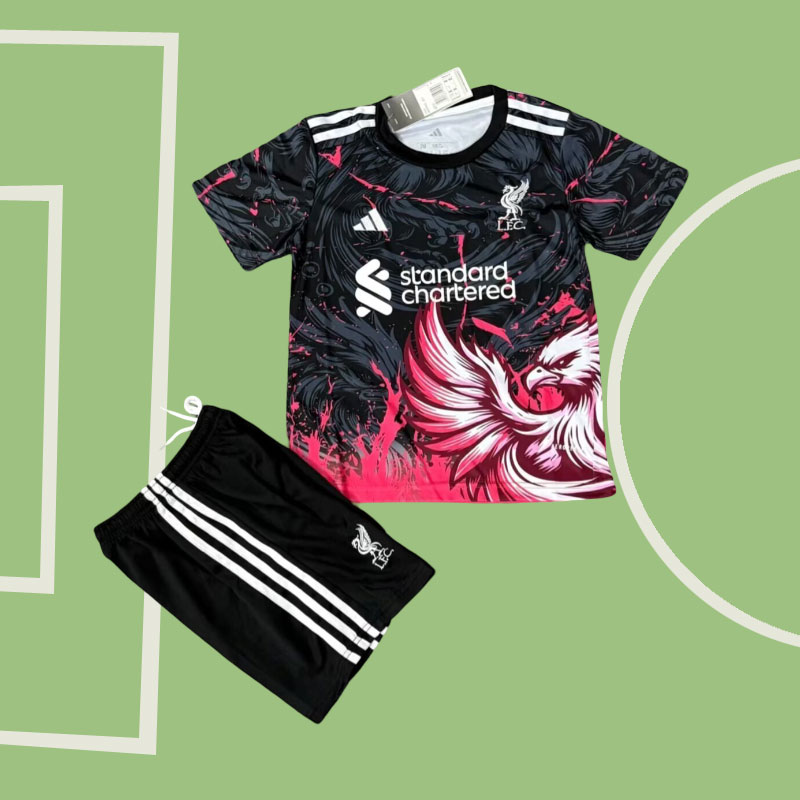 Liverpool FC barn fotbollströja 2025/26 med färgstarkt fågelmotiv