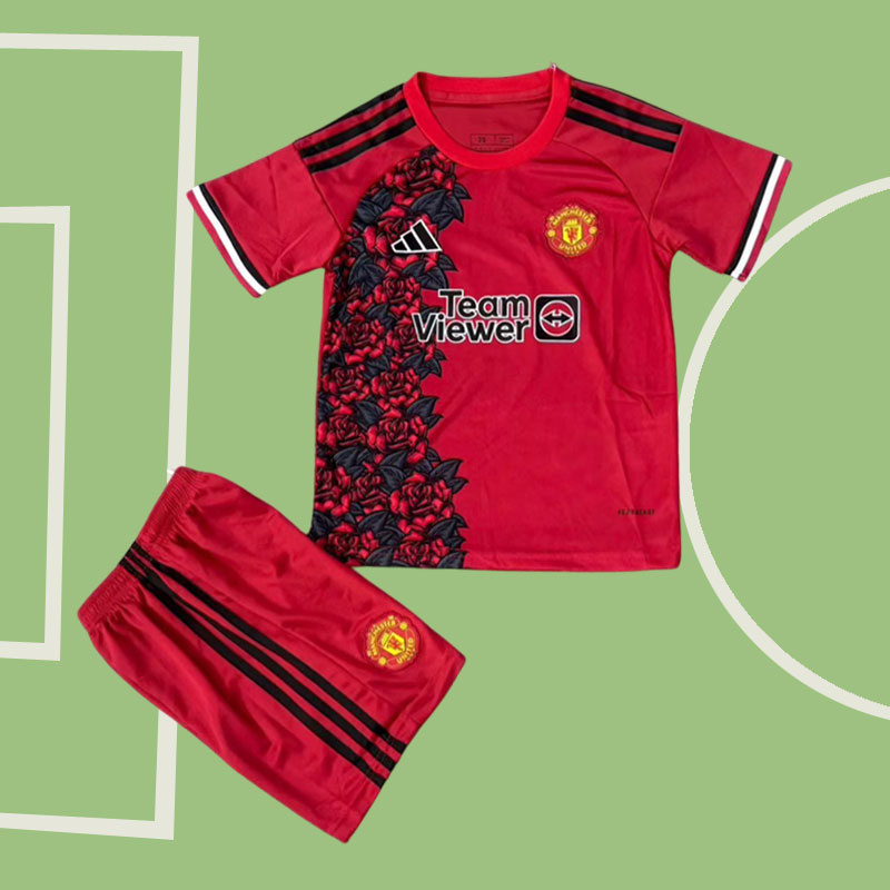 Manchester United barn träningskit 2025/26 - röd fotbollströja + shorts