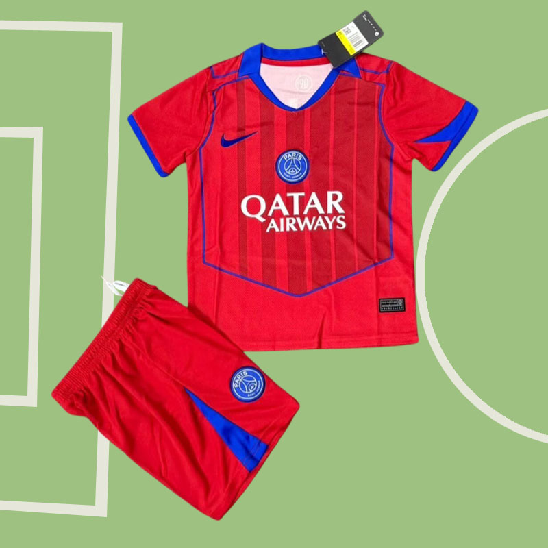 PSG tredjetröja barn 2025/26 röd fotbollströja med shorts
