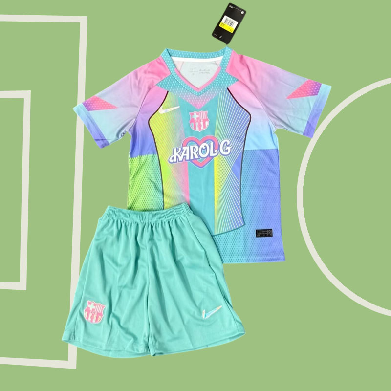 FC Barcelona x Karol G 2025/26 Barn Set - Grön Fotbollströja och Shorts