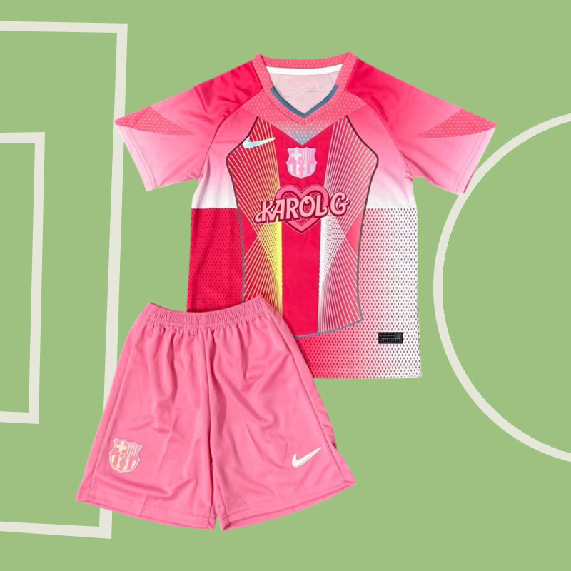 Karol G x FC Barcelona barn fotbollströja 2025/26 - rosa tröja och shorts
