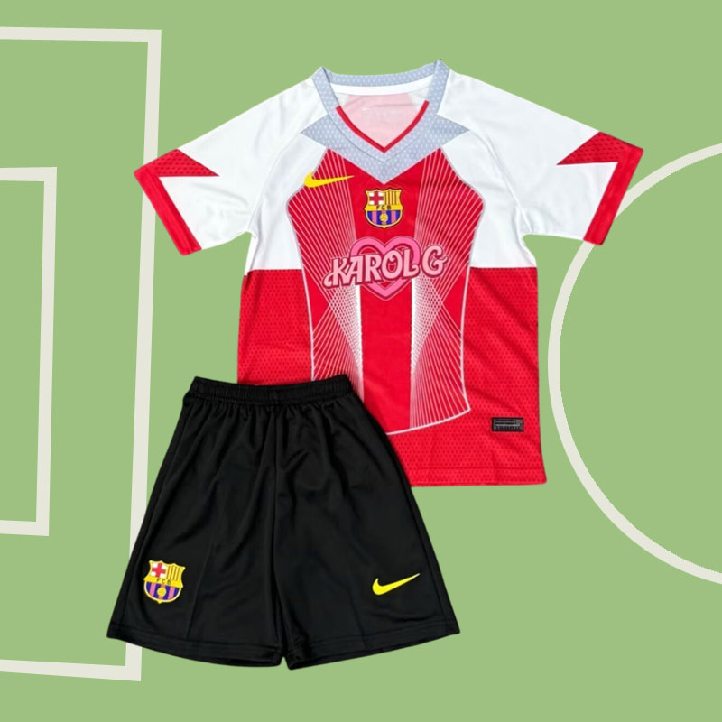 Röd Barcelona barn fotbollströja 202526 - Karol G specialutgåva