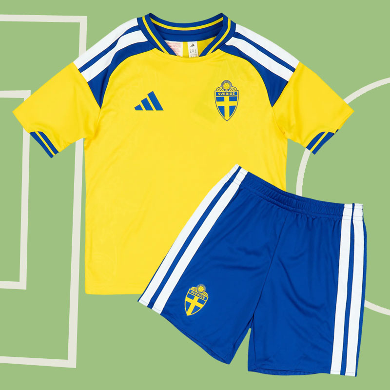 Sverige barn hemmatröja 2026–27 - gul hemmatröja och blå shorts