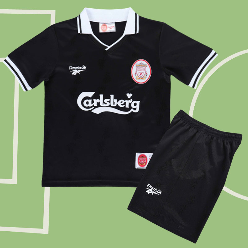 Barn Liverpool FC fotbollskit 1996/97 – svart retro tröja och shorts