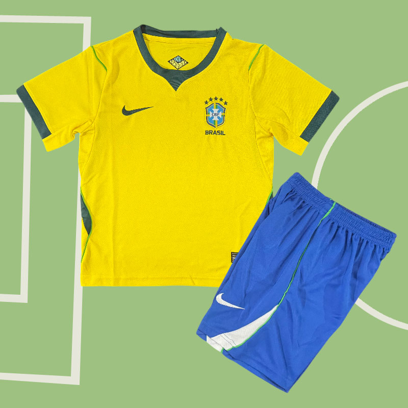 Brasilien VM 2026 hemmatröja barn – gul fotbollströja och blå shorts