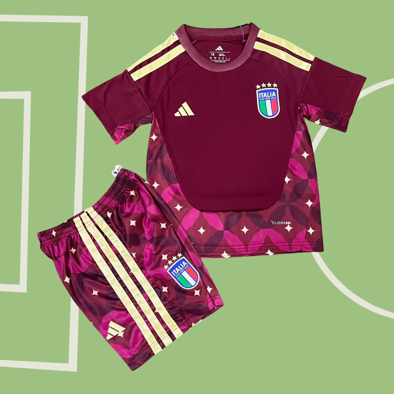 Italien VM 2026 målvaktströja barn - vinrött fotbollströja + shorts