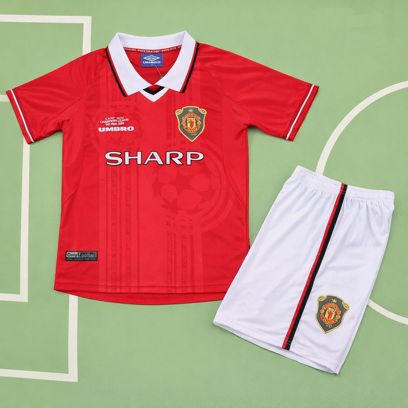 Man United Champions League 1998/99 barn - retro fotbollströja och shorts