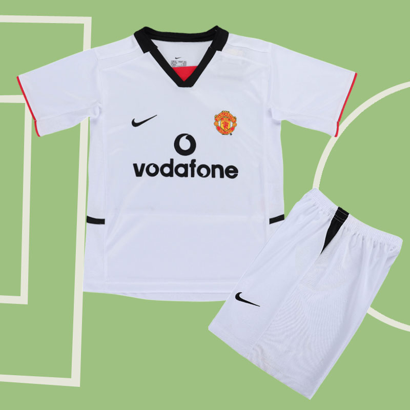Manchester United retro bortatröja 2002/03 för barn – vit tröja + shorts