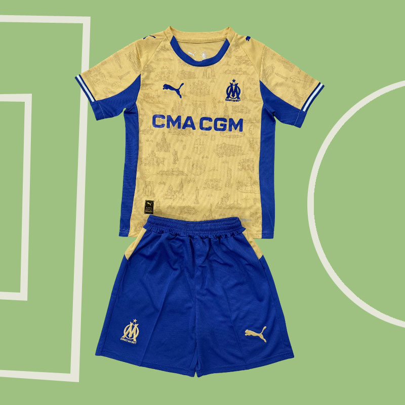 Olympique Marseille 2025/26 fjärdetröja för barn – fotbollsställ med tröja och shorts