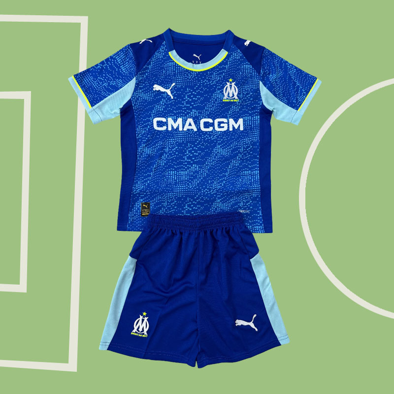 Olympique Marseille 2025/26 tredjetröja för barn - blå tröja och shorts
