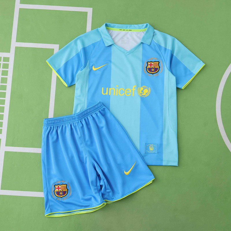 FC Barcelona 07/08 bortatröja barn retro – blå fotbollströja med shorts