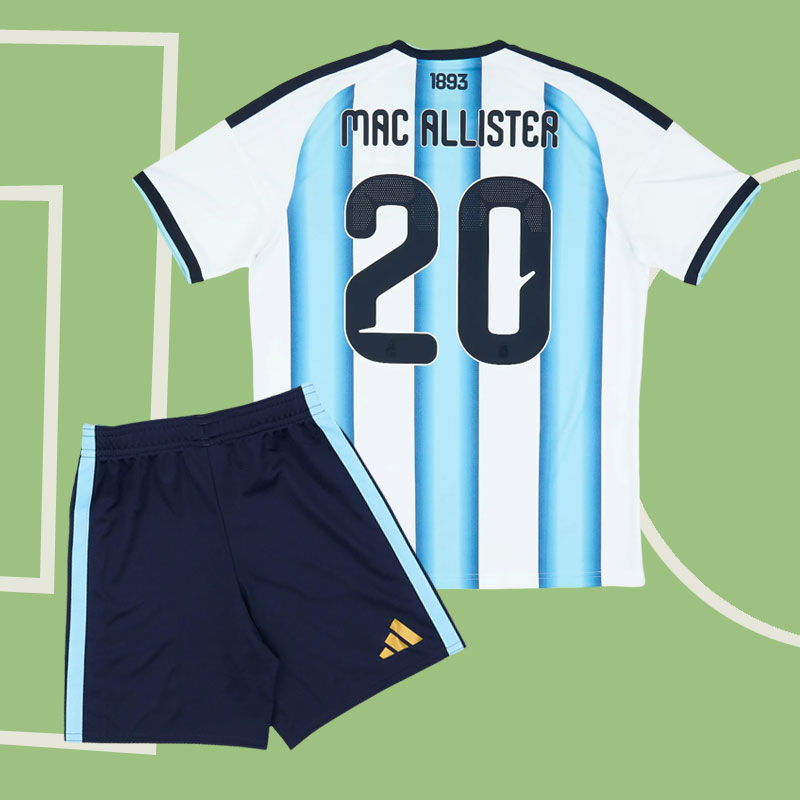 Argentina 2026 VM hemmaställ barn – Mac Allister 20 fotbollsset