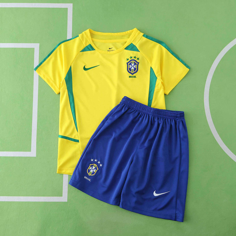 Brasilien 2002 hemmatröja barn - retro fotbollskläder kortärmad