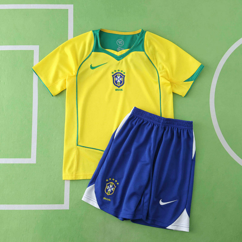Brasilien 2004 retro fotbollsset barn - hemmatröja och shorts