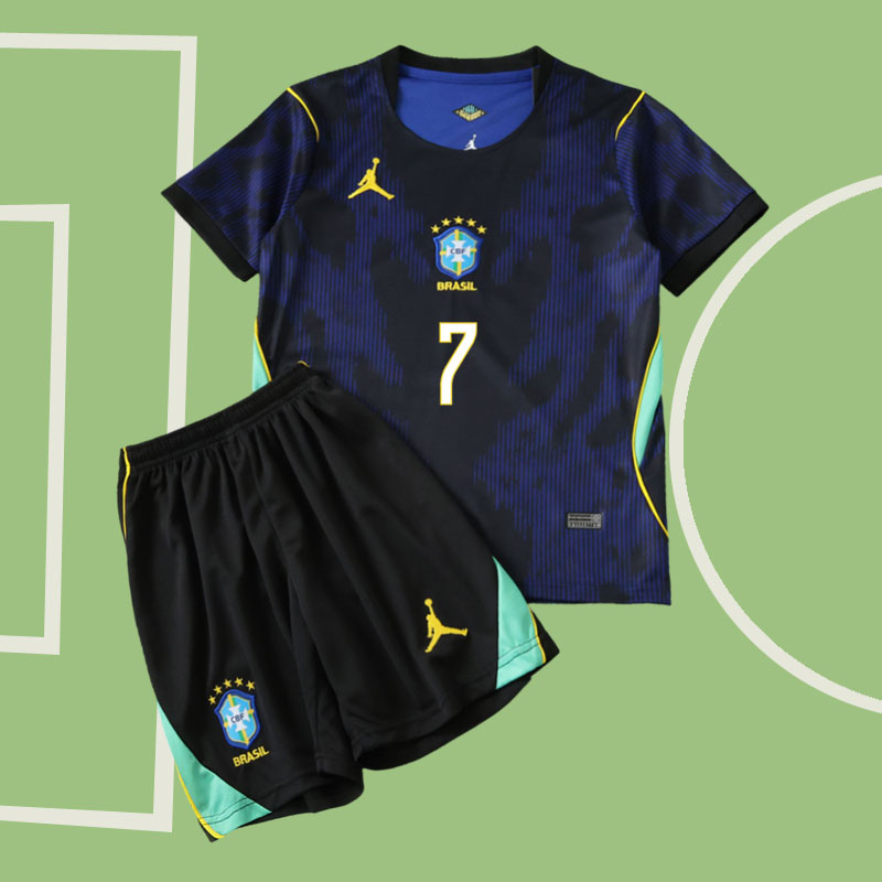 Brasilien VM 2026 barn bortatröja Vini Jr 7 med shorts Brasilien VM 2026 barn bortatröja Vini Jr 7 med shorts