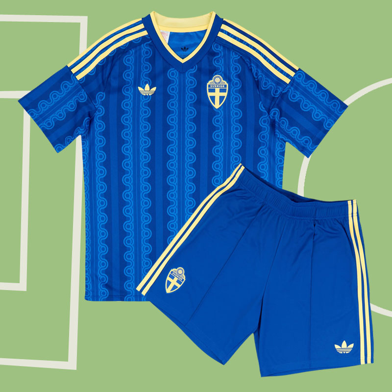 Sverige bortaställ barn VM 2026 - fotbollströja och shorts