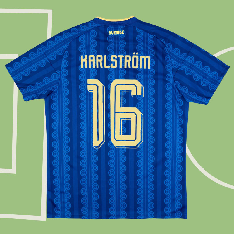 Sverige VM-tröja 2026 herr - blå bortatröja med Karlström 16 tryck