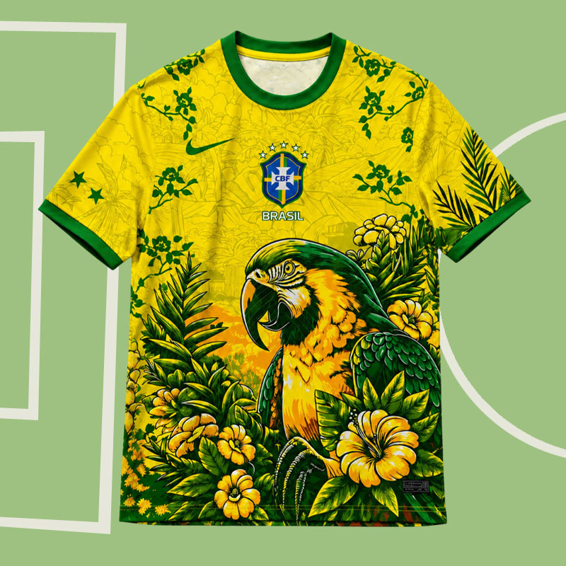 Brasilien 2026 gul fotbollströja med tropisk papegojdesign