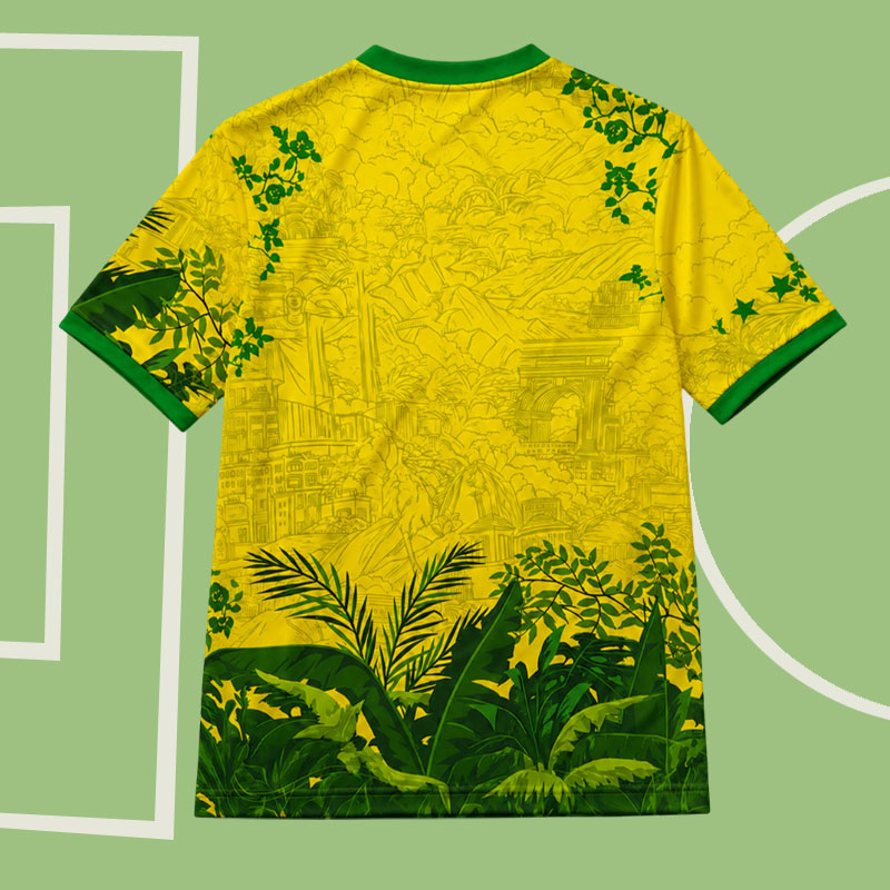 Brasilien 2026 specialtröja Brasilien 2026 specialtröja – Gul fotbollströja med regnskogsmotiv